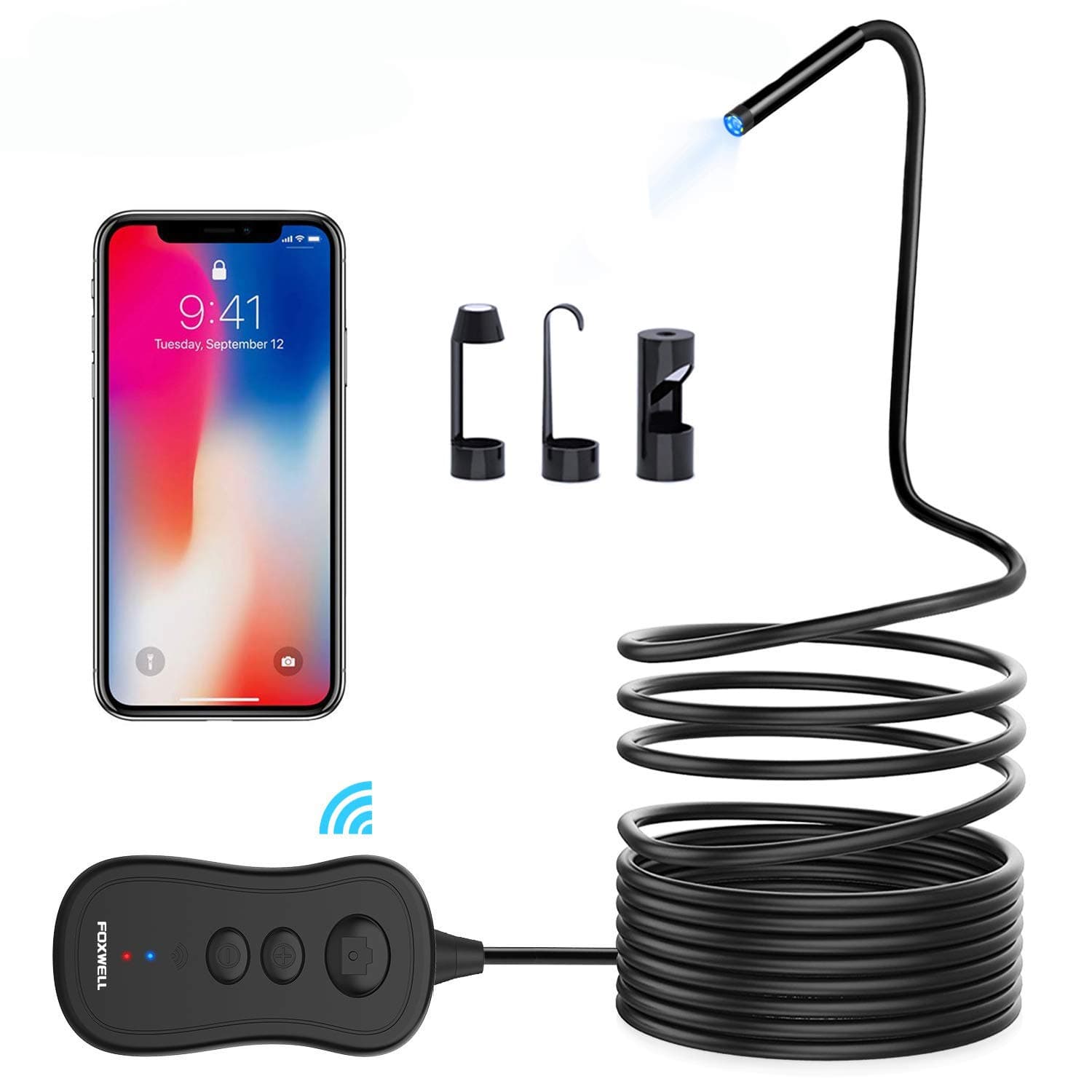 FOXWELL Wireless Endoscope, WiFi Borescope Inspection Camera with 5.5mm Lens, 1080P HD Waterproof Snake Camera for Android, iPhone - 16.5FT