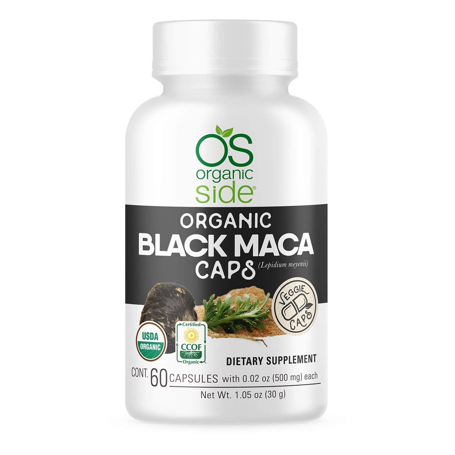 OS Organic Side Black Maca 60 Capsules - Adaptogen - Certified USDA - Non GMO - Vegan