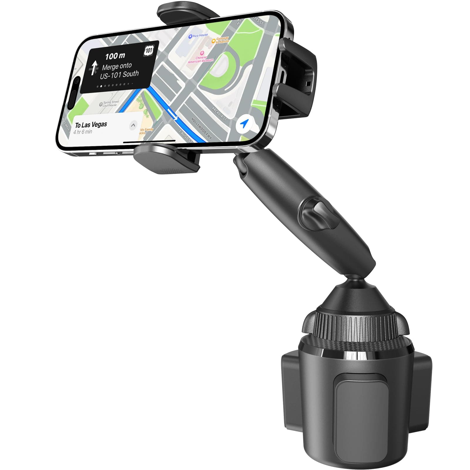 Sturdy Cup Phone Holder Mount for Car, Adjustable Height & Reach, Flexible Long Arm with Multi-Ball Pivot, One-Hand Operation, Compatible with iPhone Samsung Android Smartphones