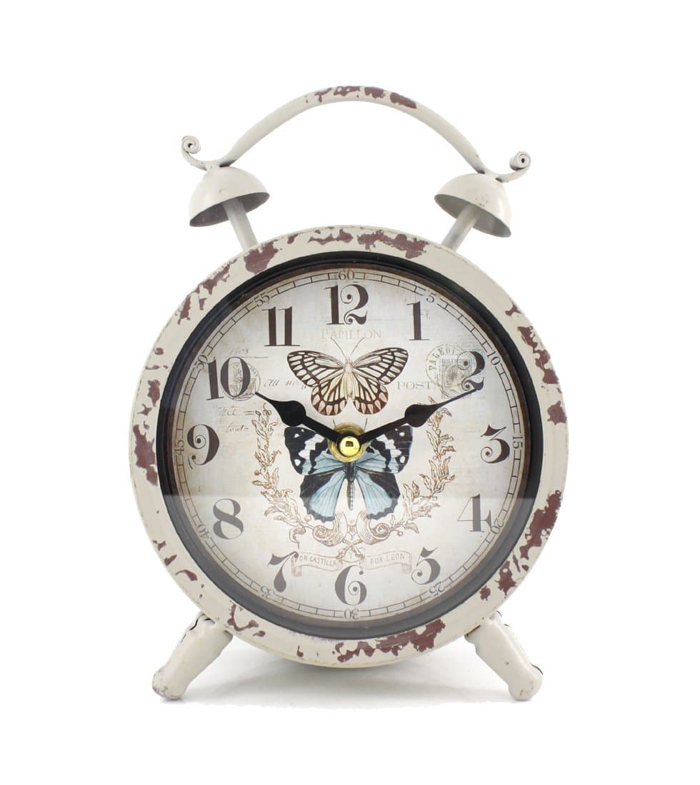 Handcrafted Metal Analog Silent Quartz Desk Clock,8.4"x6.4",Vintage Rustic Look with Handle,Glass on Front (White-Butterfly)