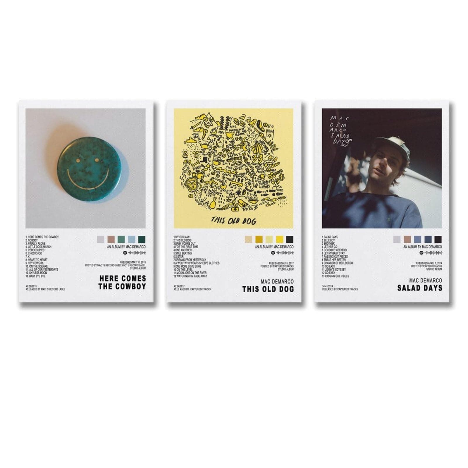 AmNooL 3 PCS Mac Demarco Album Cover Poster Set - This Old Dog, Salad Days - Canvas Wall Art - Blue, White, Green - 08x12inch - Bedroom, Bathroom, Living Room
