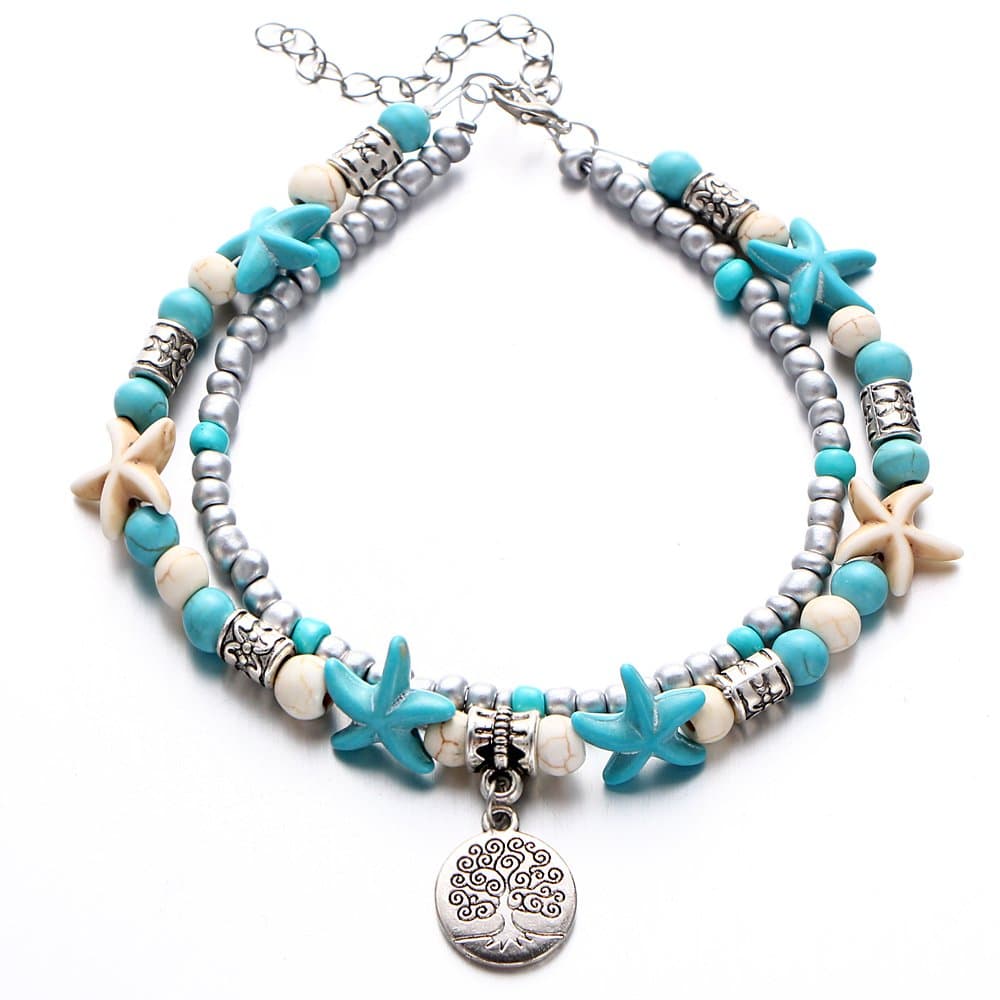 Starfish Turtle Tree of Life Anklets Multiple Layered Boho Gold Chain Anklet Heart Beach Rhinestone Turquoise Stone Charm Anklet