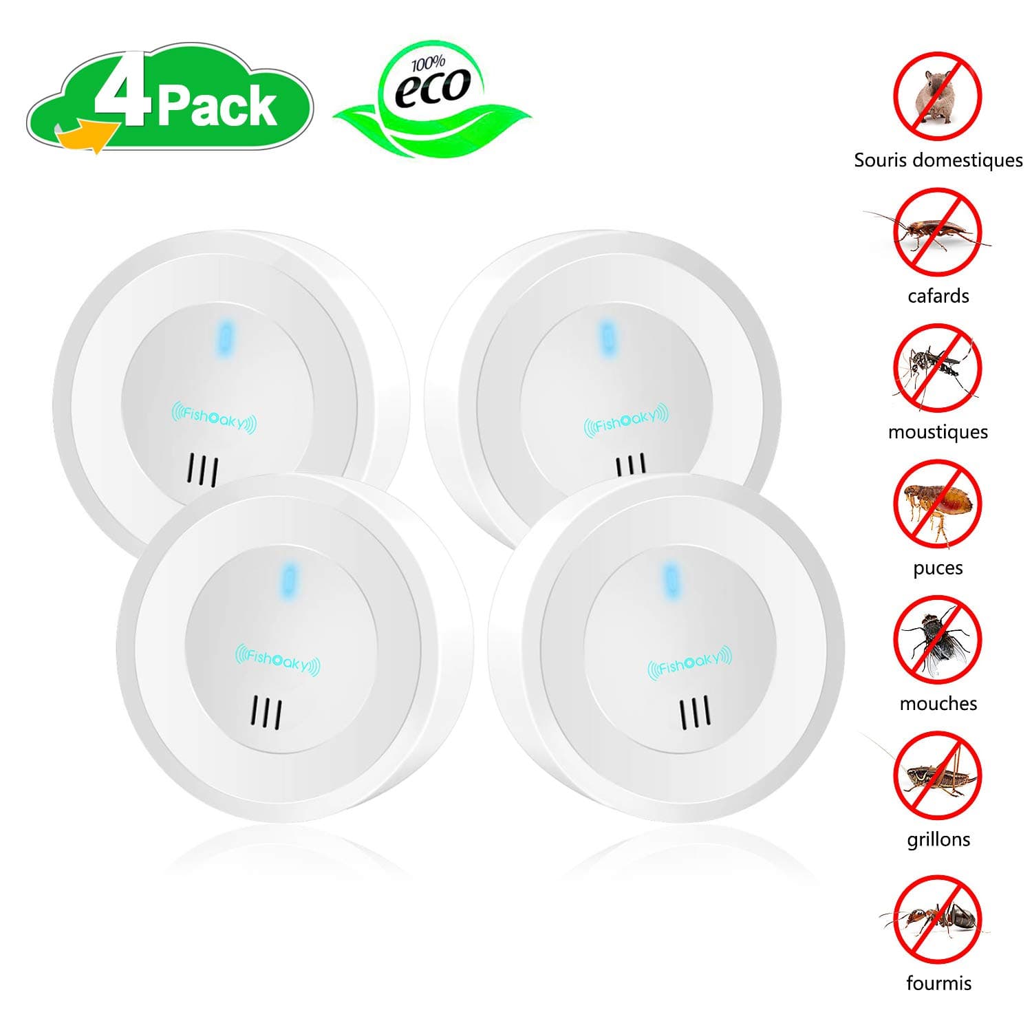 FishOaky Ultrasonic Pest Repeller, 4 Pack Pest Control Ultrasonic Repeller Plug in with Night Light for Mice, Rats, Rodents, Bed Bugs, Ants, Cockroach, Mosquitoes, Spiders, Bugs, Fleas, Roaches