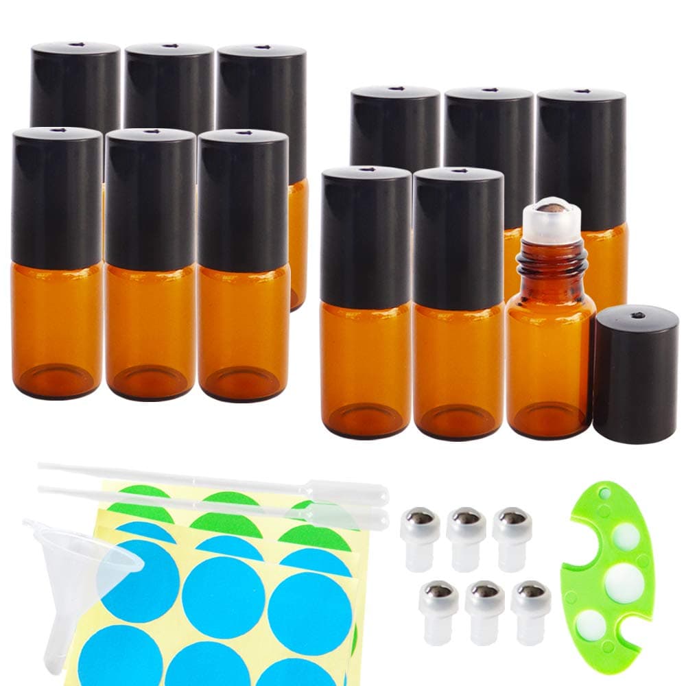 GreatforU 12 Pack 3ml 3/4 Dram Amber Glass Mini Roll-on Bottles with Metal Roller Balls, Refillable Aromatherapy Essential Oil Roll On Empty Vials for Makeup Essence Perfume Blends, Small Travel Size
