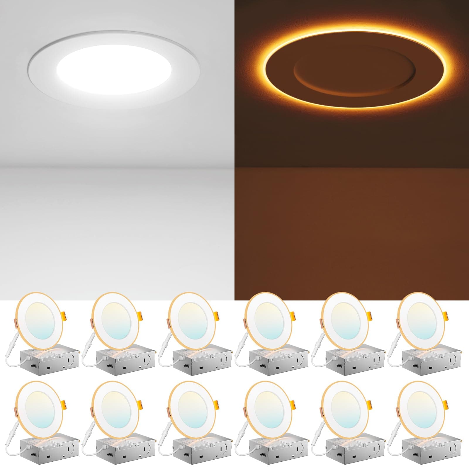 12 Pack 4 Inch 5CCT LED Recessed Ceiling Light with Night Light, 2700K/3000K/3500K/4000K/5000K Selectable Ultra-Thin Lighting, 10W=90W, 700LM, Dimmable Canless Wafer Downlight - ETL&FCC