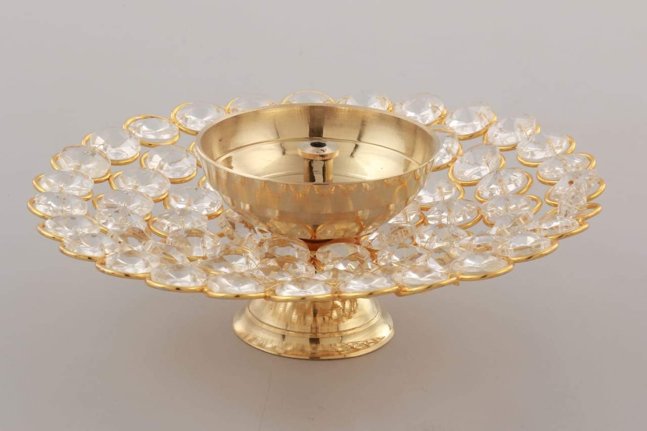 Ein Sof Akhand Diya Decorative Brass & Crystal Oil Lamp Tea Light Holder Lantern, 5 inches Wide Umbrella Shaped Diya Lantern (Gold and White)