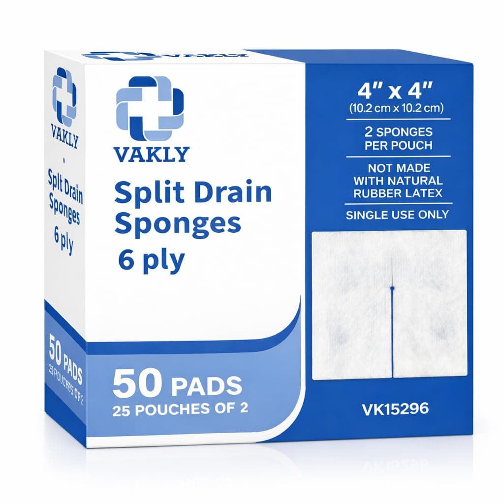 Vakly Split Drain Sponge Gauze 4x4 Sterile 6-Ply – 50 Count (25 Packs of 2) Pre-Cut Slit Absorbent Non-Woven Pads for I.V. Lines, Tracheostomy & Wound Care