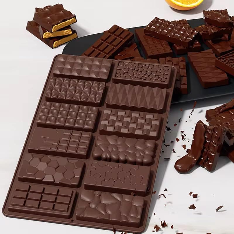 Chocolate Mould 12 Different Designs for DIY Chocolate Bars and Protein bar Making Non-Stick Molding Tray for DIY Chocolate, Candy, Energy Bars, and More