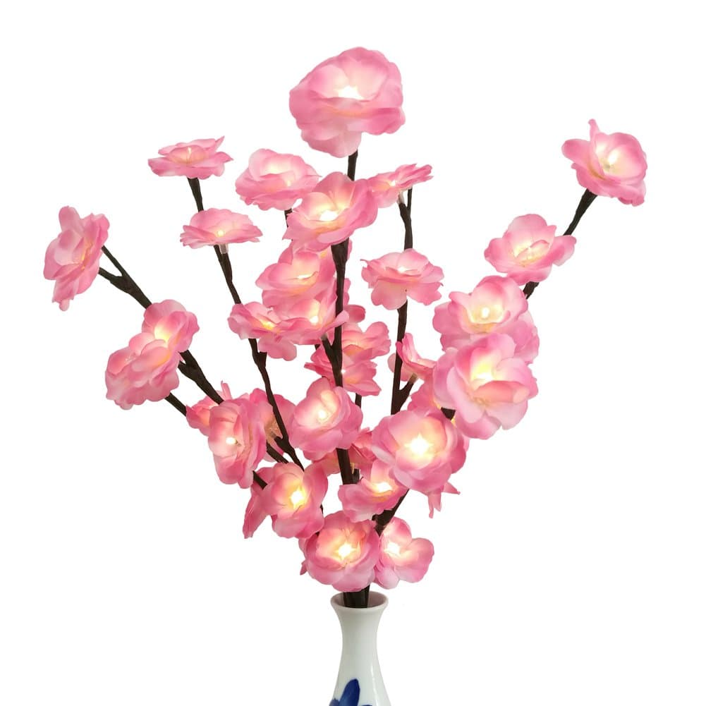 BABALI Lighted Flowers Pink Rose Branches Artificial Silk Rose Fake Flowers 20 inches Battery Operated Warm White 40 Led Lighted Florals Home Decoration Branch Crafts with Timer