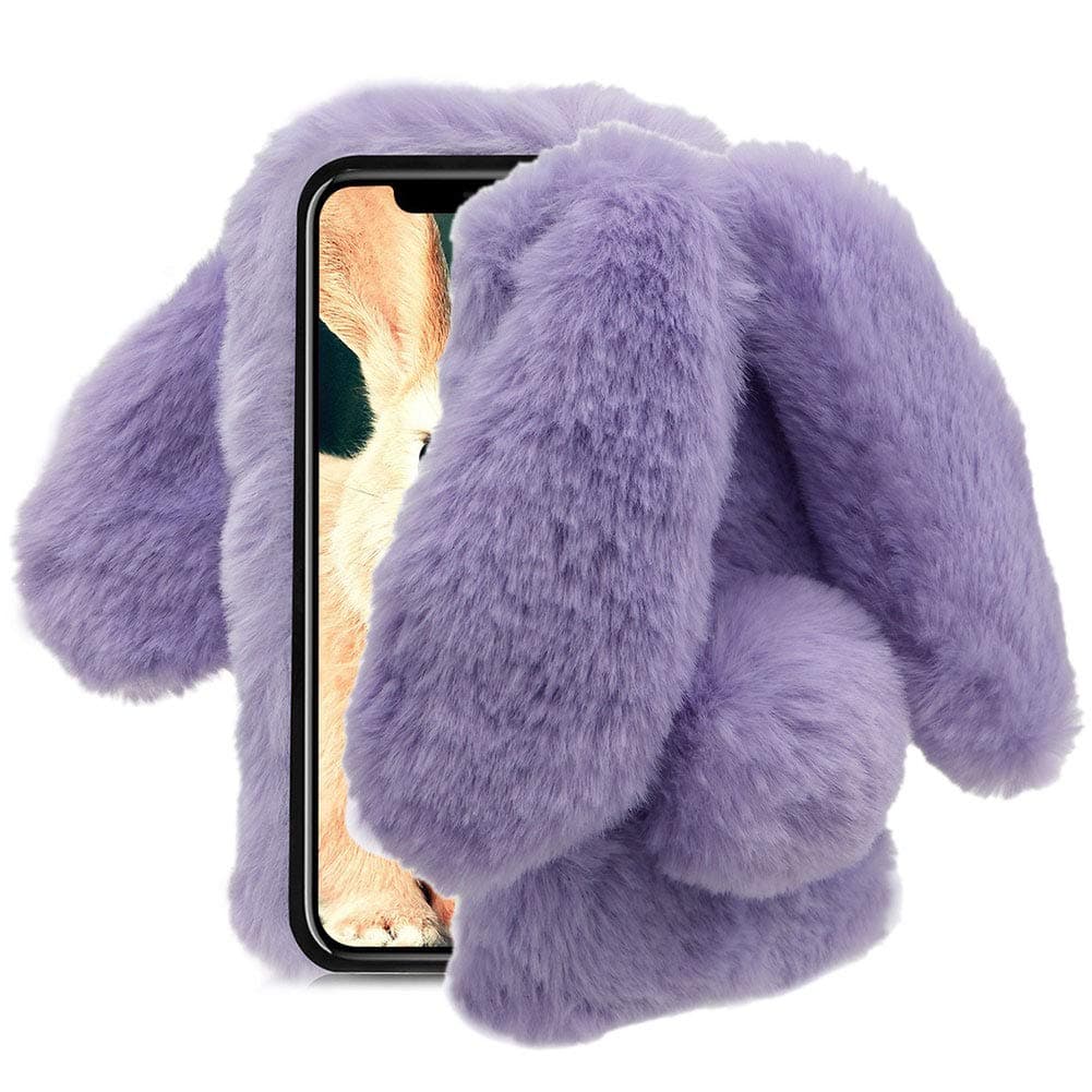 for iPhone Xs/X 5.8 inch Case, Rabbit Fur Ball Case,Luxury Cute 3D Homemade Diamond Winter Warm Soft Furry Fluffy Fuzzy Bunny Ear Plush Purple Phone Case Cover for Girls Women