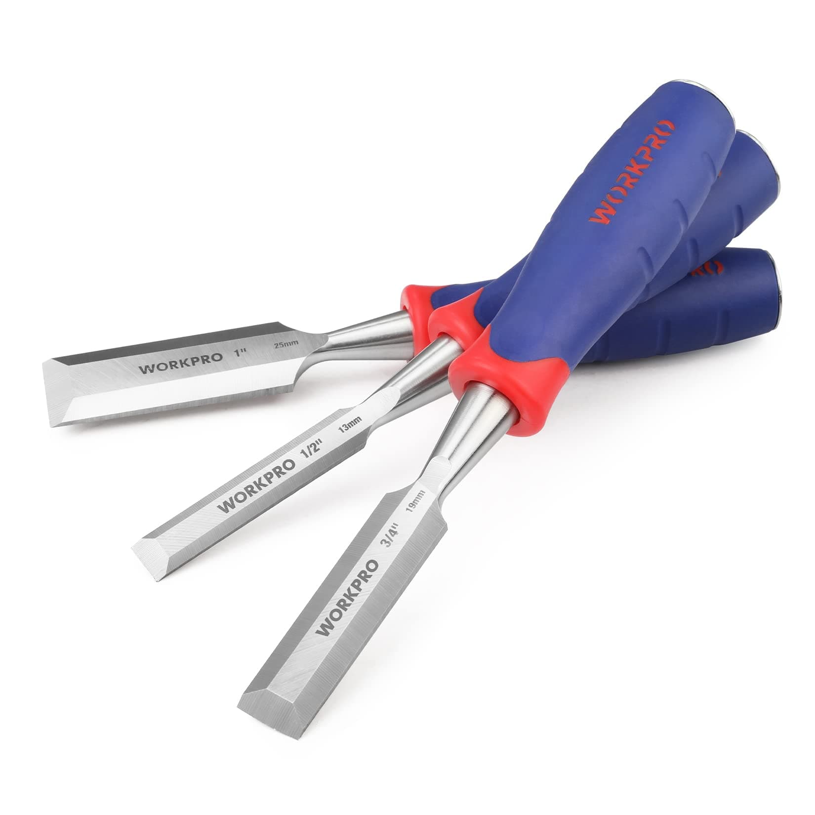 HANYWIL 3-piece Wood Chisel Set, Cr-V Construction, Bi-Material Soft Grip with Hammer End for Woodworking, Carving