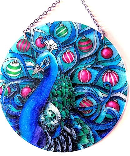 Joan Baker Painted Glass Suncatcher Holiday Peacock