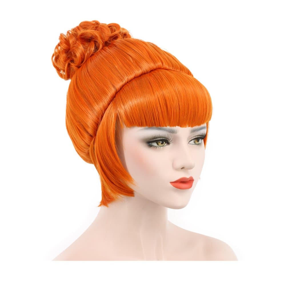 Karlery Short Bud Ball Braid Orange Wig Flat Bangs Updo Chignon Cosplay Wig Halloween Costume Party Wig.
