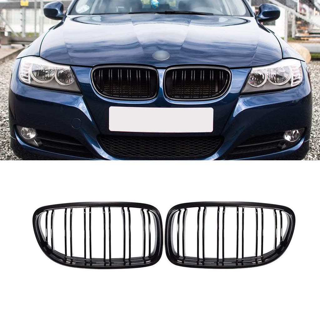 SNA E90 Grill Compatible for 2009-2011 BMW 3 Series E90 E91 (Double Slats Gloss Black Kidney Grille, 2-pc Set)