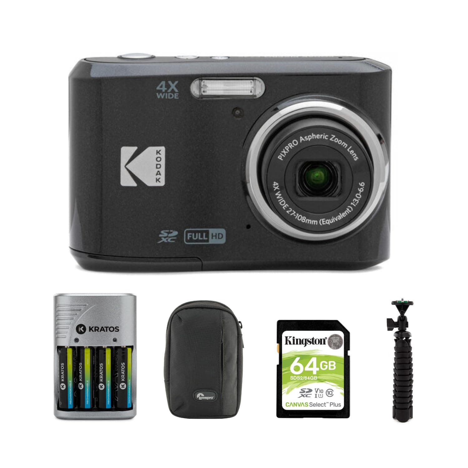 Kodak PIXPRO FZ45 Friendly Zoom Digital Camera (Black) Bundle with 64 GB UHS-I U1 SDXC Memory Card, Rapid Travel Charger with 4 AA Rechargeable Batteries, Spider Tripod, and Camera Case (5 Items)