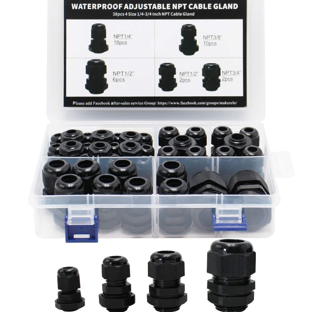 MAKERELE NPT Cable Glands Kit Waterproof Adjustable Nylon 1/4” 3/8” 1/2” 3/4” Plastic Strain Relief Cord Connectors 38pcs Black With Gaskets