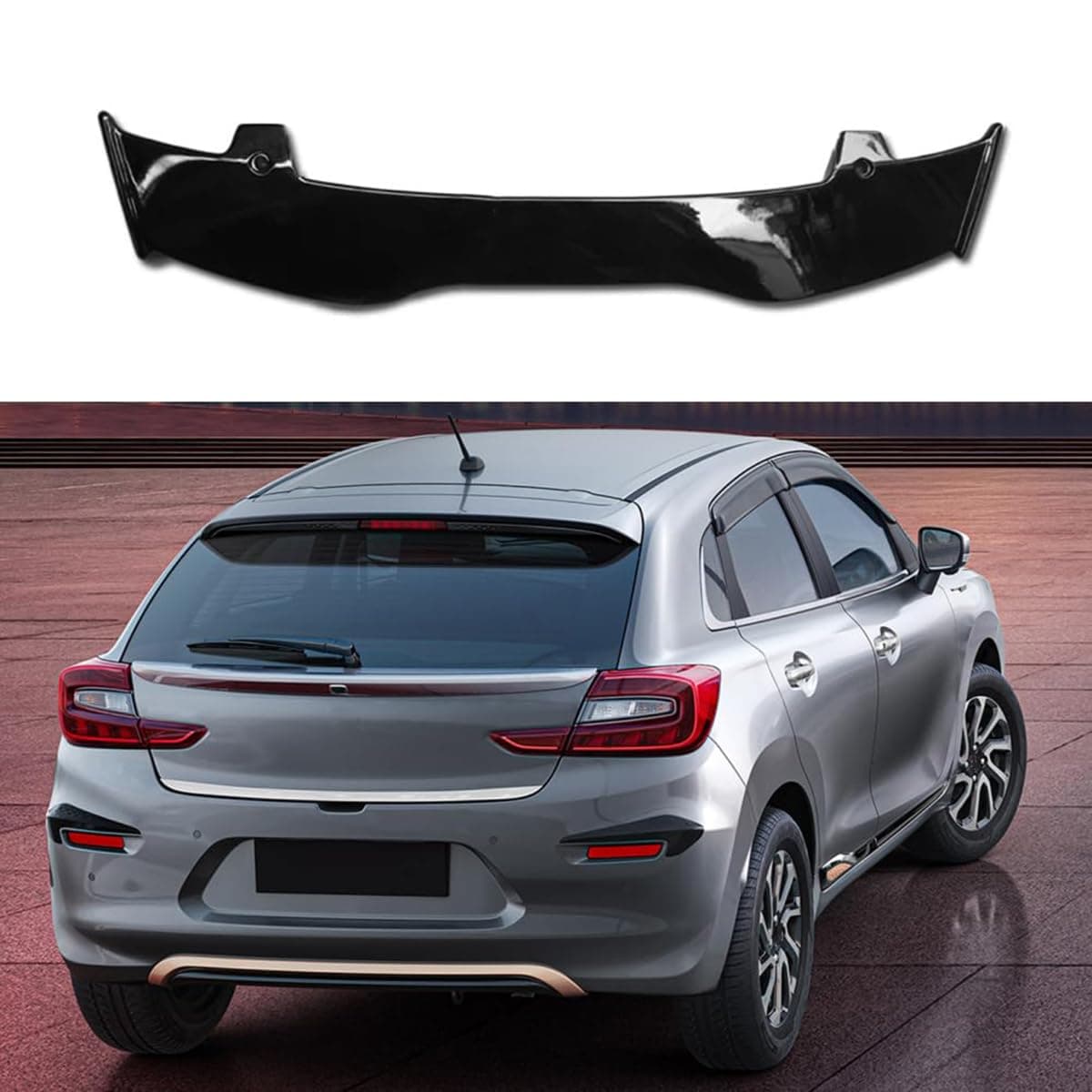 Rear Spoiler for Suzuki Baleno, ABS Black Plastic (Black/Grey), Screw-In