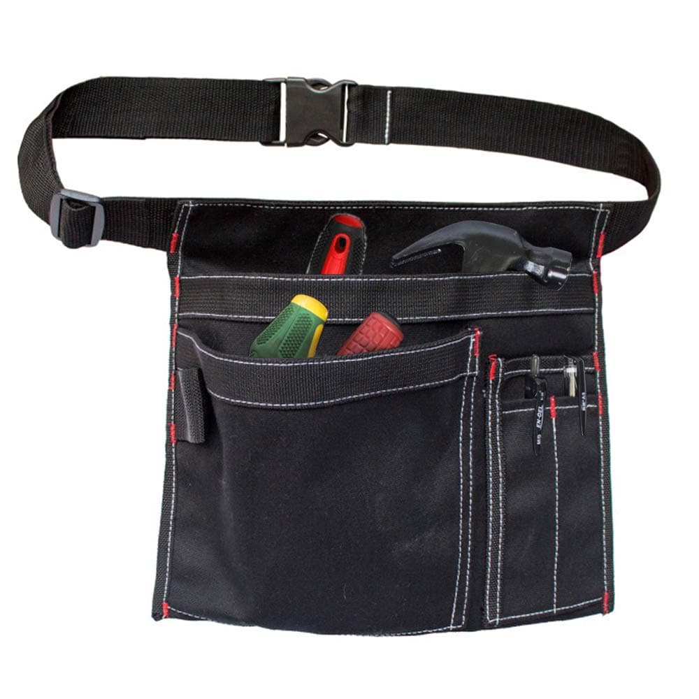 Tool Belt Pouch, 12OZ Multifunctional Canvas Waist Apron Tool Pocket Bags with Adjustable Belt Clip for Workshop Storage/Wood Working Tools/Screwdriver Pouch/Garden - Black