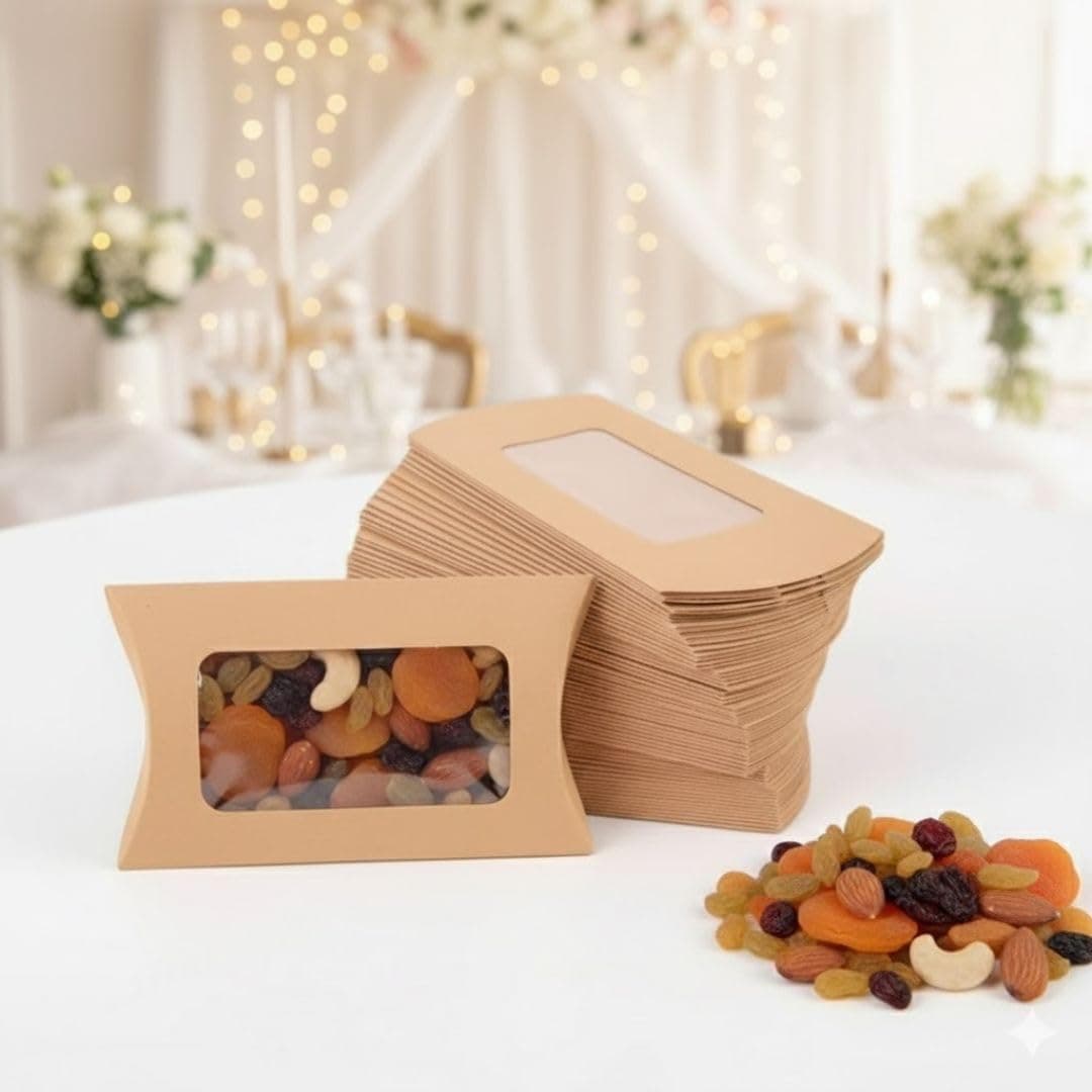 SATYAM KRAFT 50 Pcs Brown Small Paper Pillow Gift Boxes with Transparent Window | Folding Boxes for Wedding, Engagement, Shaadi Return Gifts, Festive Hampers, Chocolates, Dry Fruits & Mithai Packing (12.5 cm)