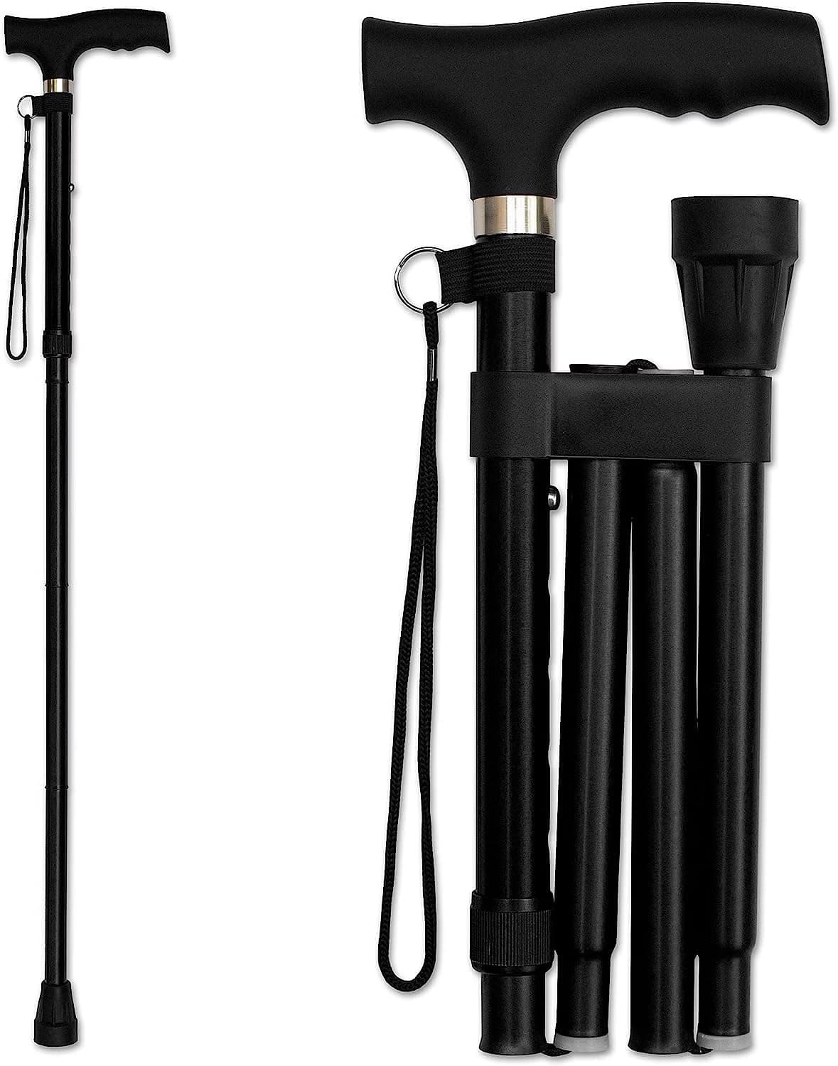 - SMIC Folding Cane - Foldable Walking Cane for Men, Women - Fold-up, Collapsible, Lightweight, Adjustable, Portable Hand Walking Stick - Balancing Mobility Aid - Sleek, Comfortable T Handles (Black)
