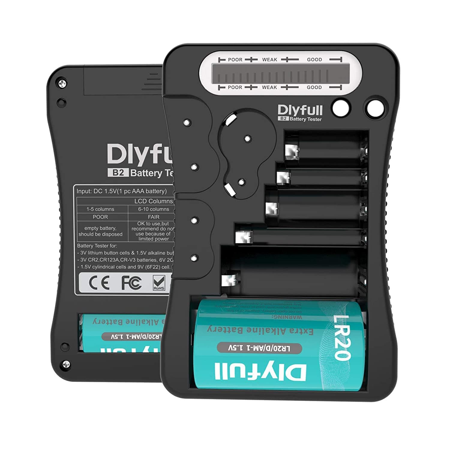 Dlyfull Battery Tester, LCD Display Universal Battery Checker for AA AAA C D 9V CR2032 CR123A CR2 CRV3 2CR5 CRP2 1.5V/3V Button Cell Batteries, 1x AAA Batteries Included