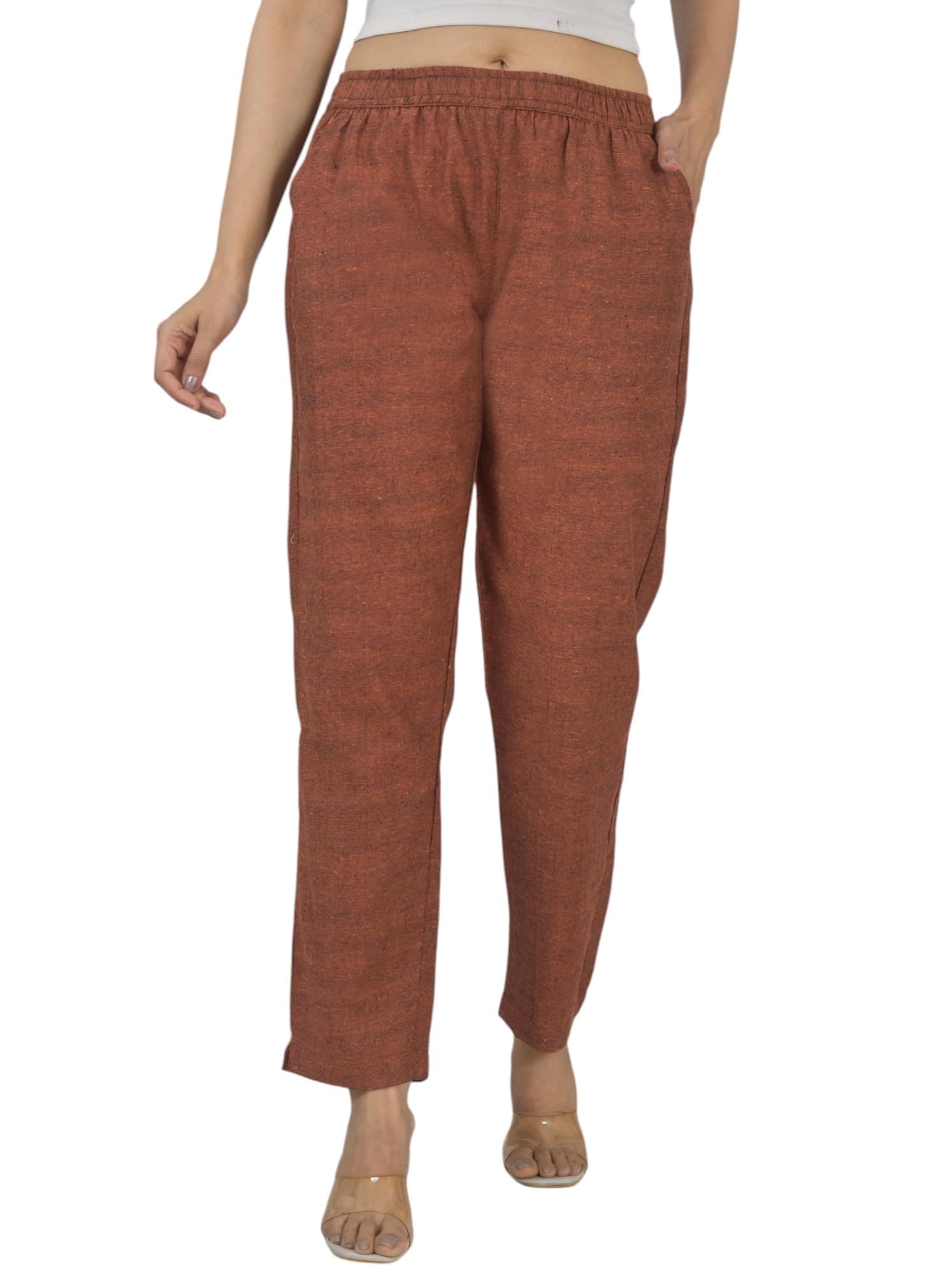 Qashida Women's Cotton Linen Pants, Regular Fit, Fully Elasticated, 2 Side Pockets