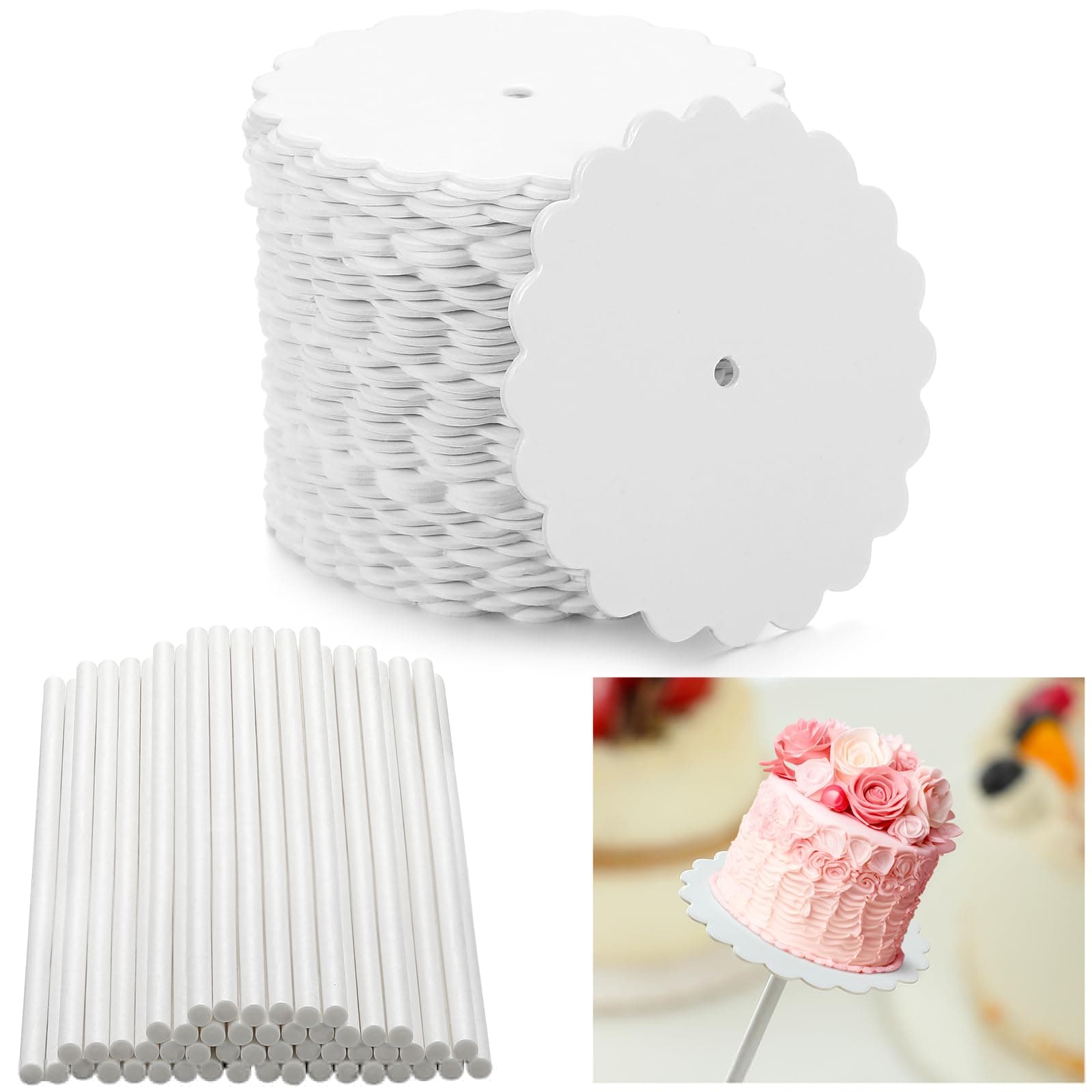 Geelin 50 Set Scalloped Cake Pop Boards with Cake Pops 2 Inch Scalloped Mini Cupcake Base Cardboard for Cupcakes Pastries Desserts Parties Wedding(White)