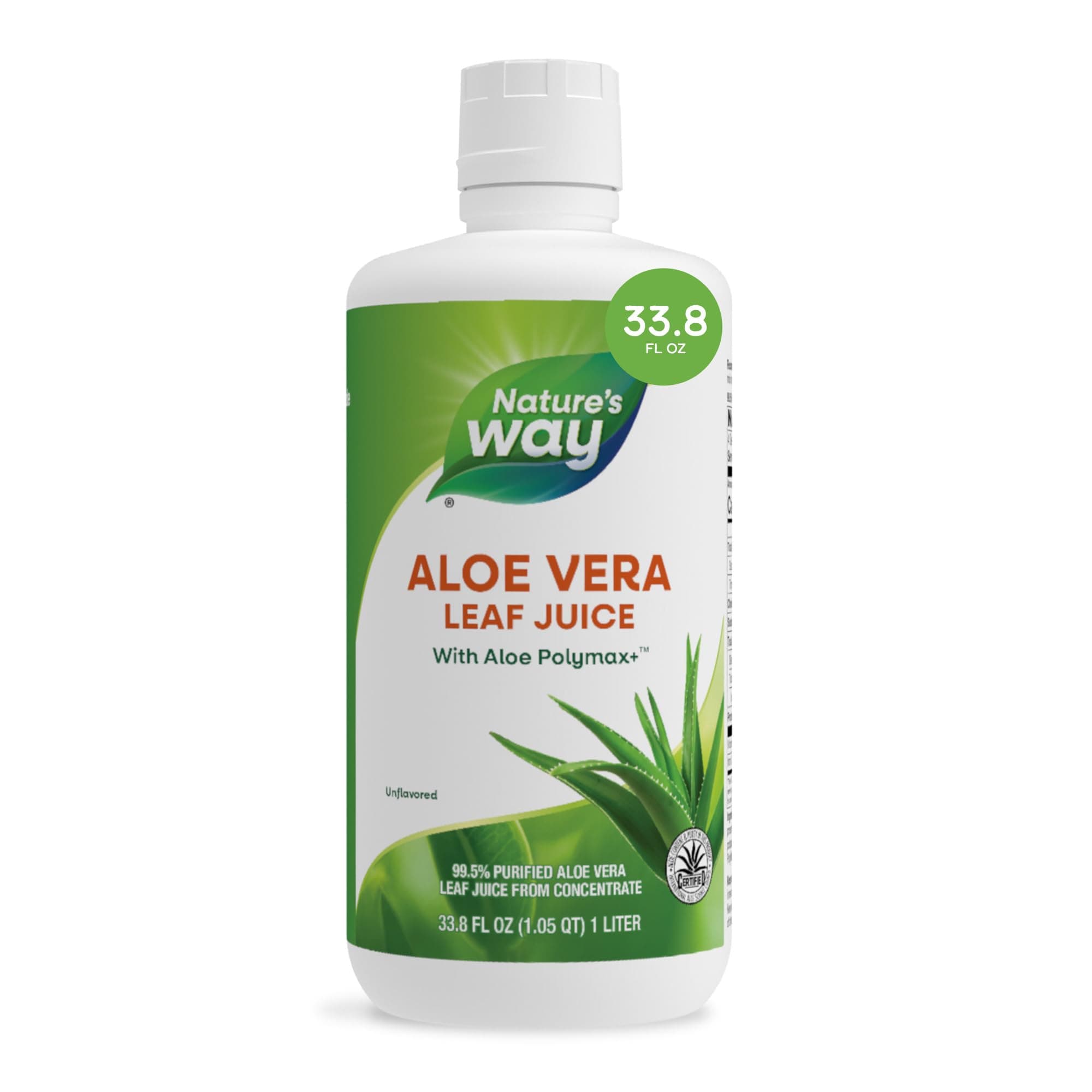 Aloe Vera Leaf Juice with Polymax+, 99.5% Purified Aloe Vera Leaf Juice from Concentrate, Unflavored, 33.8 Fl Oz