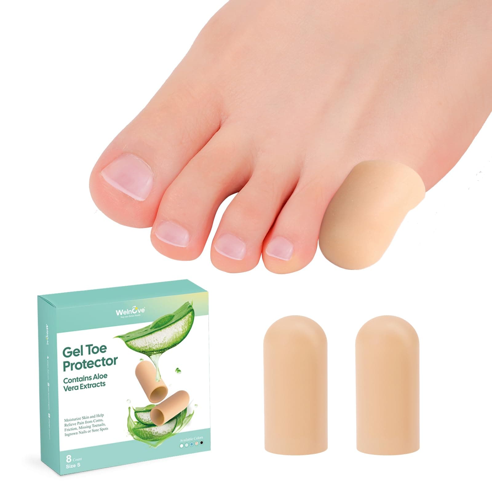 Gel Toe Cap and Protector - Infused Silicone Toe Covers - Pinky Toe Cushions for Pain Relief, Missing or Ingrown Toenails, Corns, Calluses, Blisters (8S, Beige)