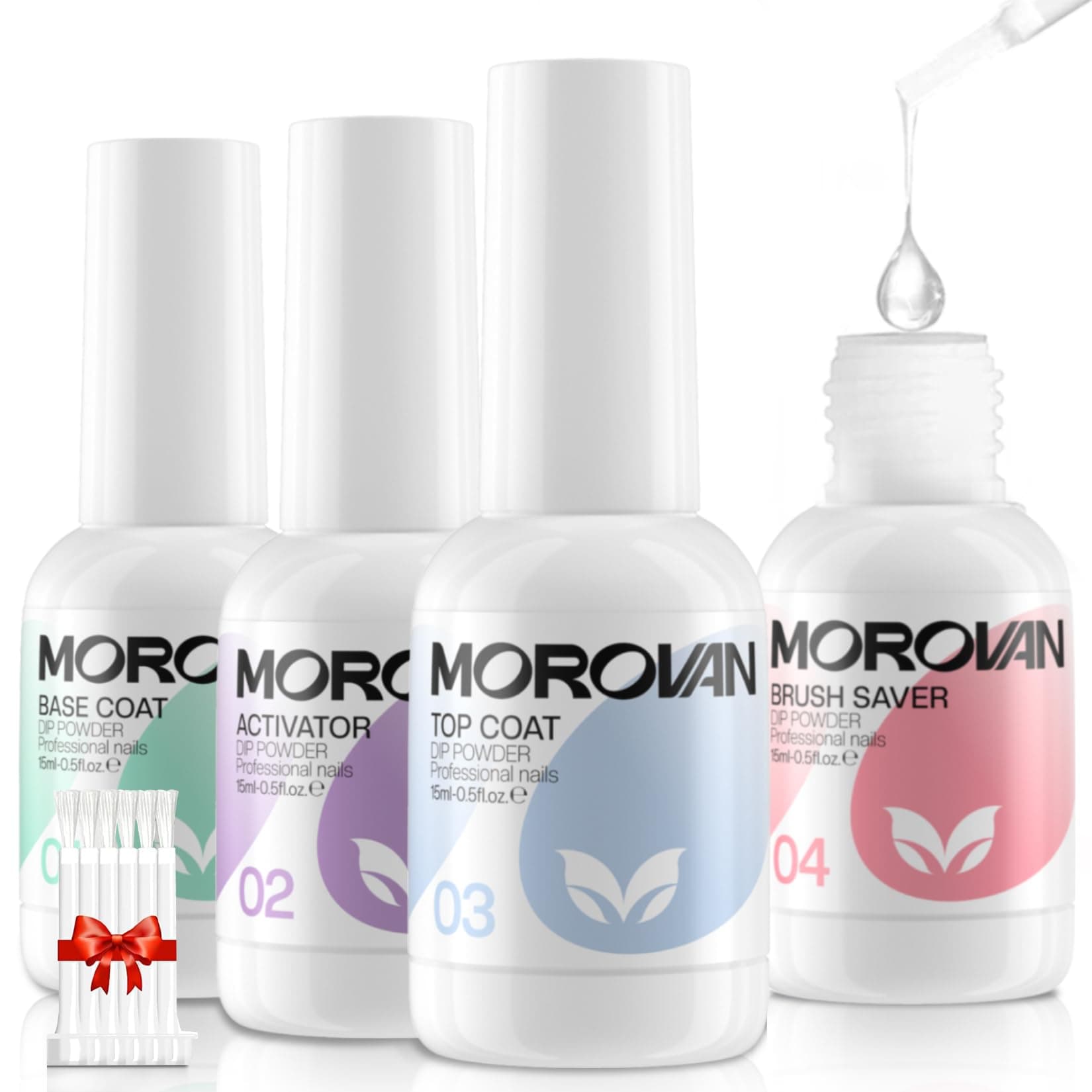 MorovanDip Powder Liquid Set with Activator Base Top Coat and Brush Saver 4pcs 0.5oz for Nail Kit, Clear