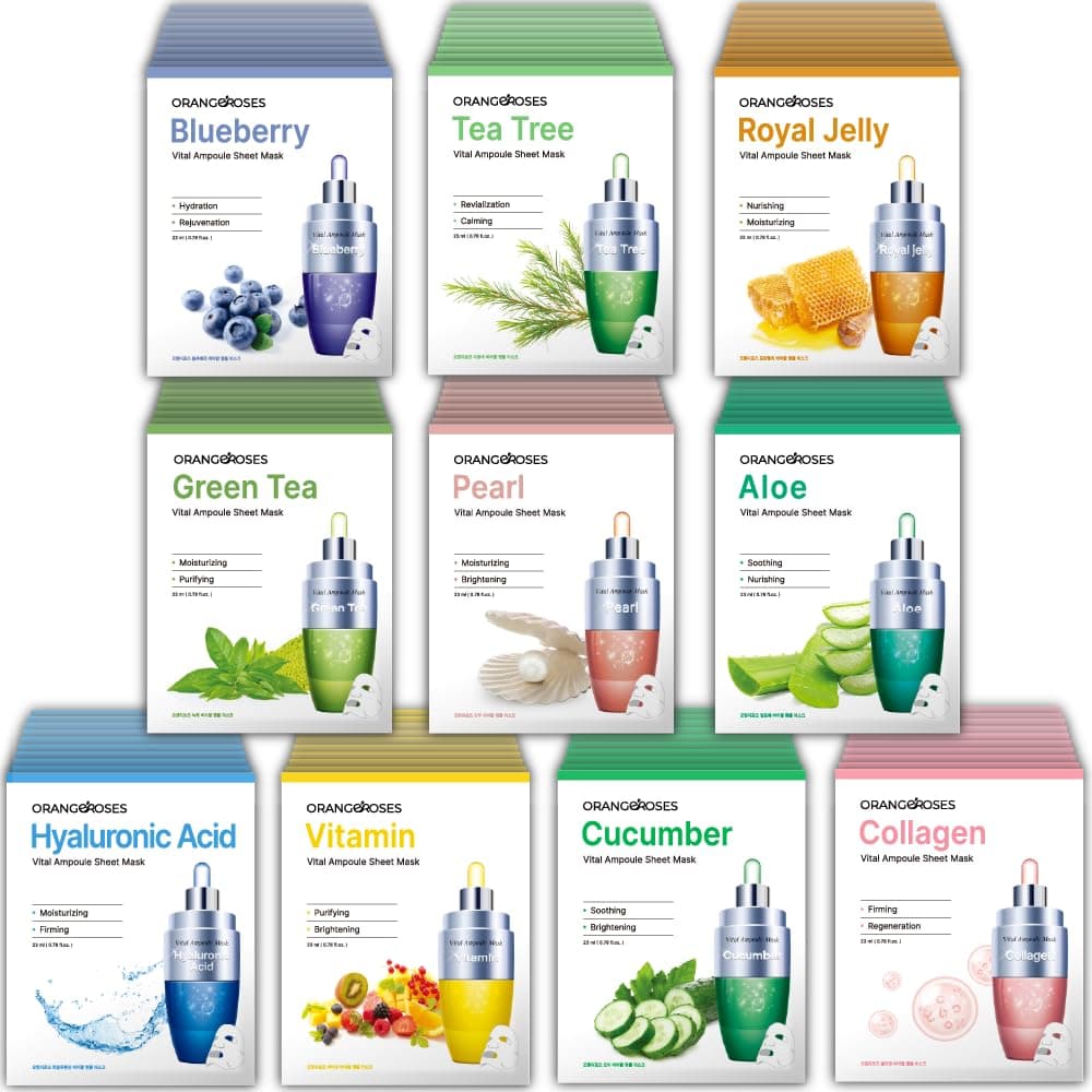 100 Combo Pack (10 x10 types), Full Face Facial Sheet Mask with Release Paper for Easy Application, Skincare Facial Mask for Women & Men