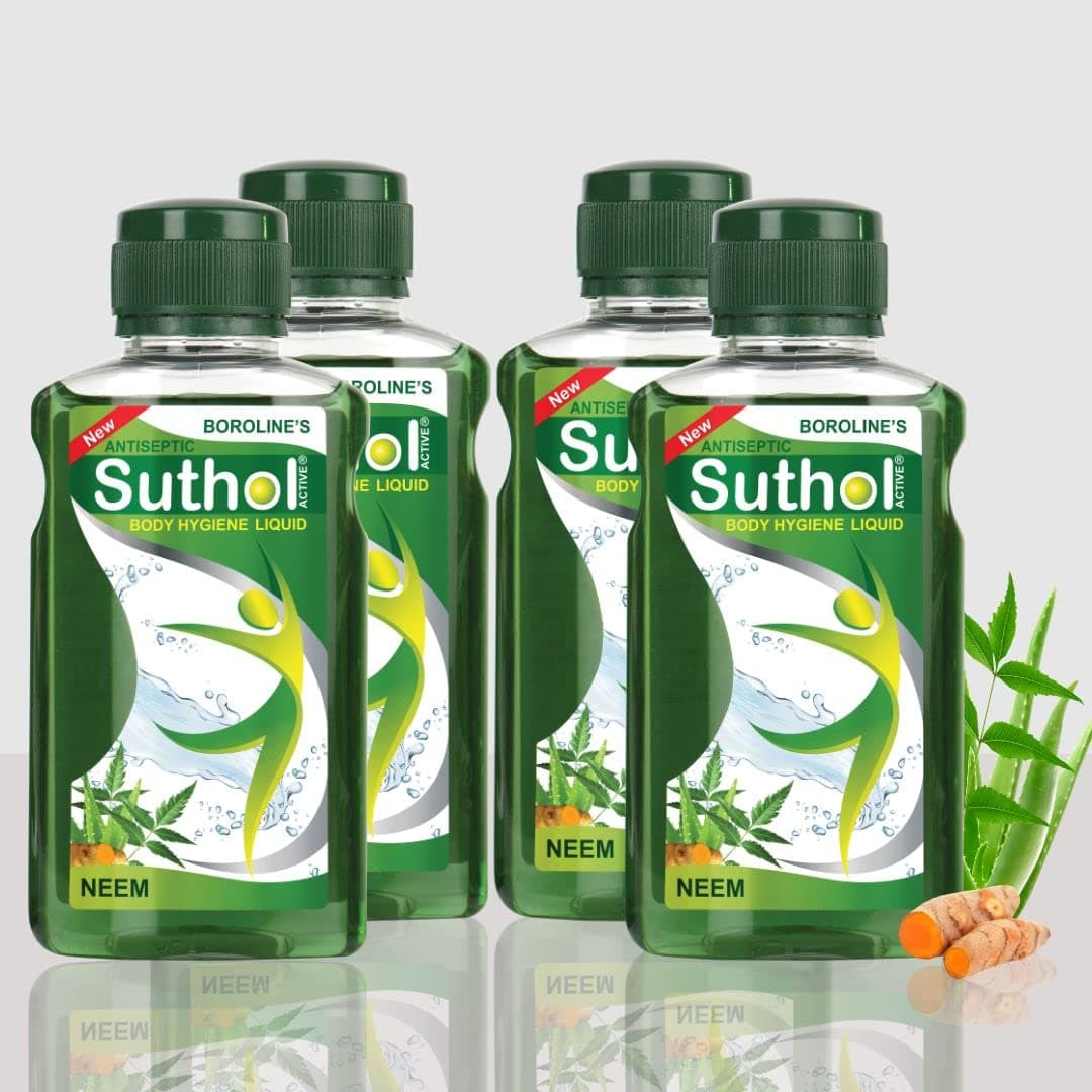 Boroline's Suthol Neem Liquid 200 Ml X 4, Antiseptic with Neem, Turmeric, Aloevera- Stop Prickly Heat, Rashes, Summer-Skin Itchiness (Pack Of 4)