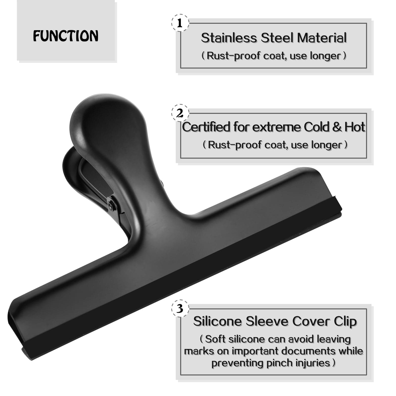 HOUSE AGAIN 6 Pack Stainless Steel Chip Bag Clips Covered with Silicone - NO More Sharp Edges - Color Coded for Food Bags - Air Tight Seal, Heavy Duty for Kitchen and Office, 5 Inches-Black