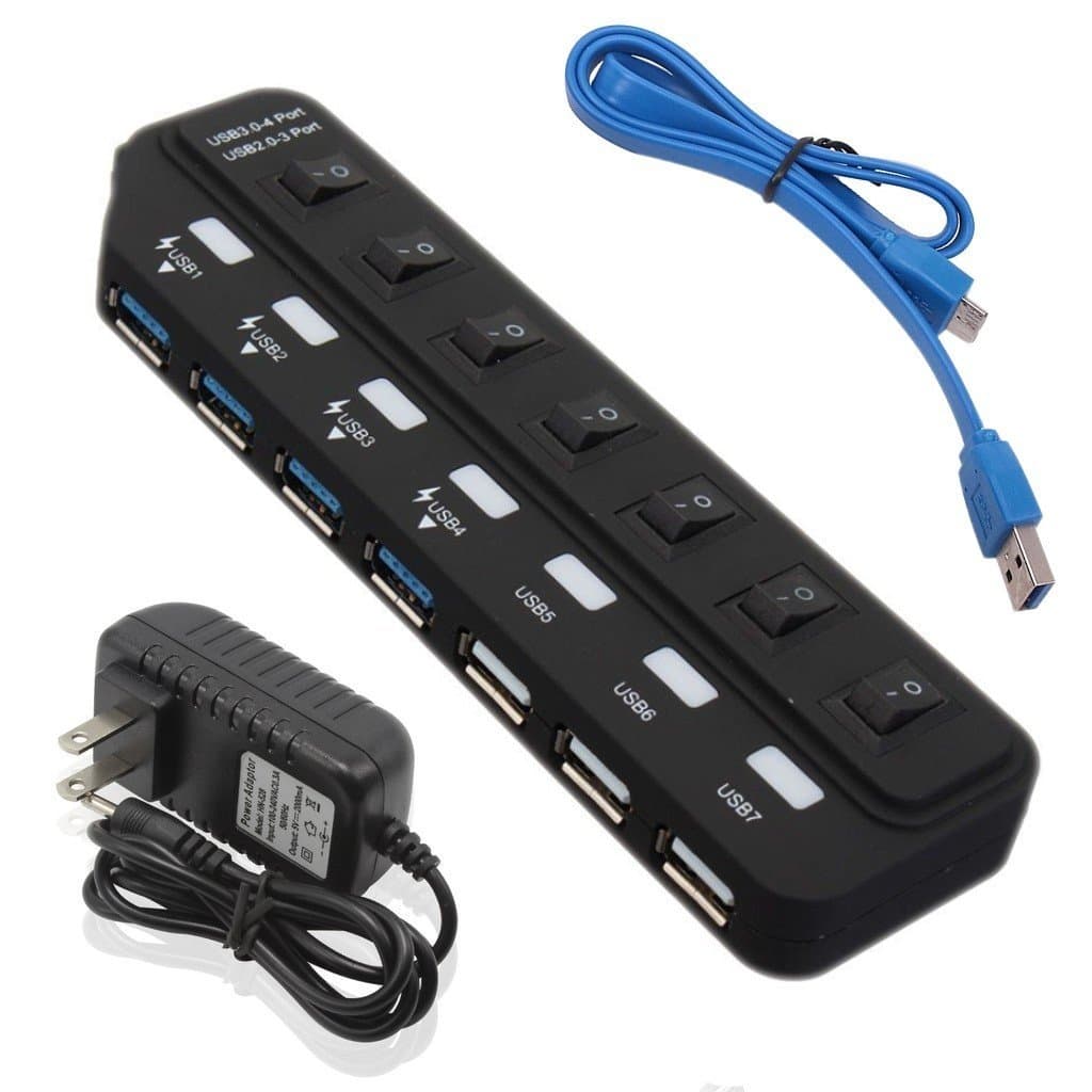 USB 3.0 Adapter,7 Ports Powered USB Hub Splitter Socket With 5V/3A AC Charger Fast Charging Computer Network Hubs Station Compatible Laptop,Mac,iMac,Flash Drive,Mobile HDD,Surface Pro and More