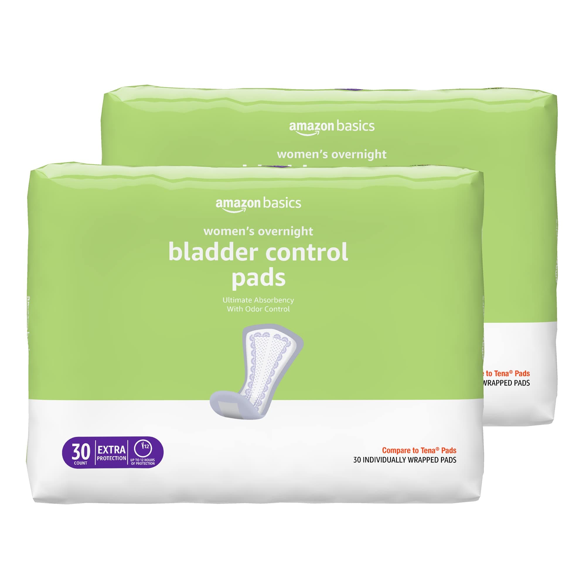 Amazon Basics Incontinence, Bladder Control & Postpartum Pads for Women, Overnight Absorbency, 60 Count, 2 Packs of 30 (Previously Solimo)