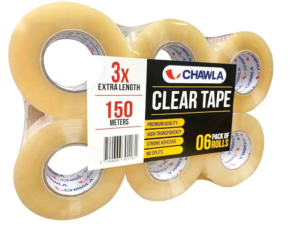 CHAWALA | Tape for Packing 48mm x 150m | Extra Long Heavy Duty Rolls Packaging Tape | Secure Sticky Sealing Tape for Parcel, Moving, Cartons & Large Postal Boxes (36 Rolls | 48mm x 150m | CLEAR)