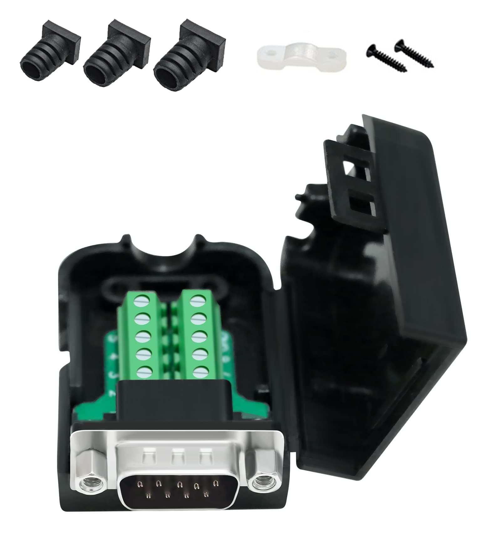 DTech DB9 Breakout Connector, Male RS232 Connector Kit Serial Adapter DB-9 Solderless Module Board with Terminals Block, Case, Nuts and Tail Pipes (DB9 Male + Nuts)