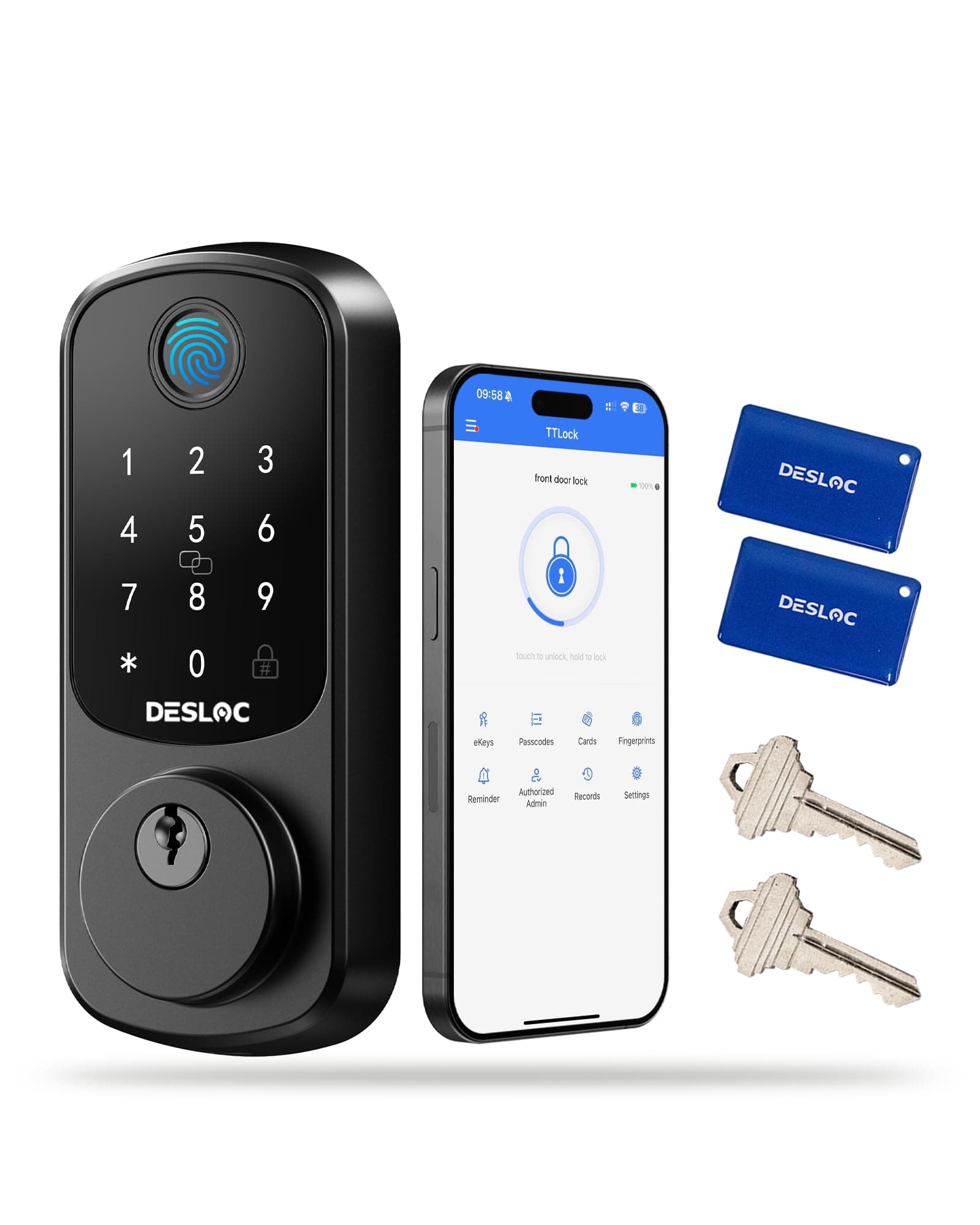 DESLOC Smart Door Lock B200, Smart Deadbolt Lock, Keyless Entry Door Lock, Fingerprint Smart Lock, Smart Locks for Front Door, App Control, Touchscreen Keypad Deadbolts,12-Month Battery, BHMA Grade3