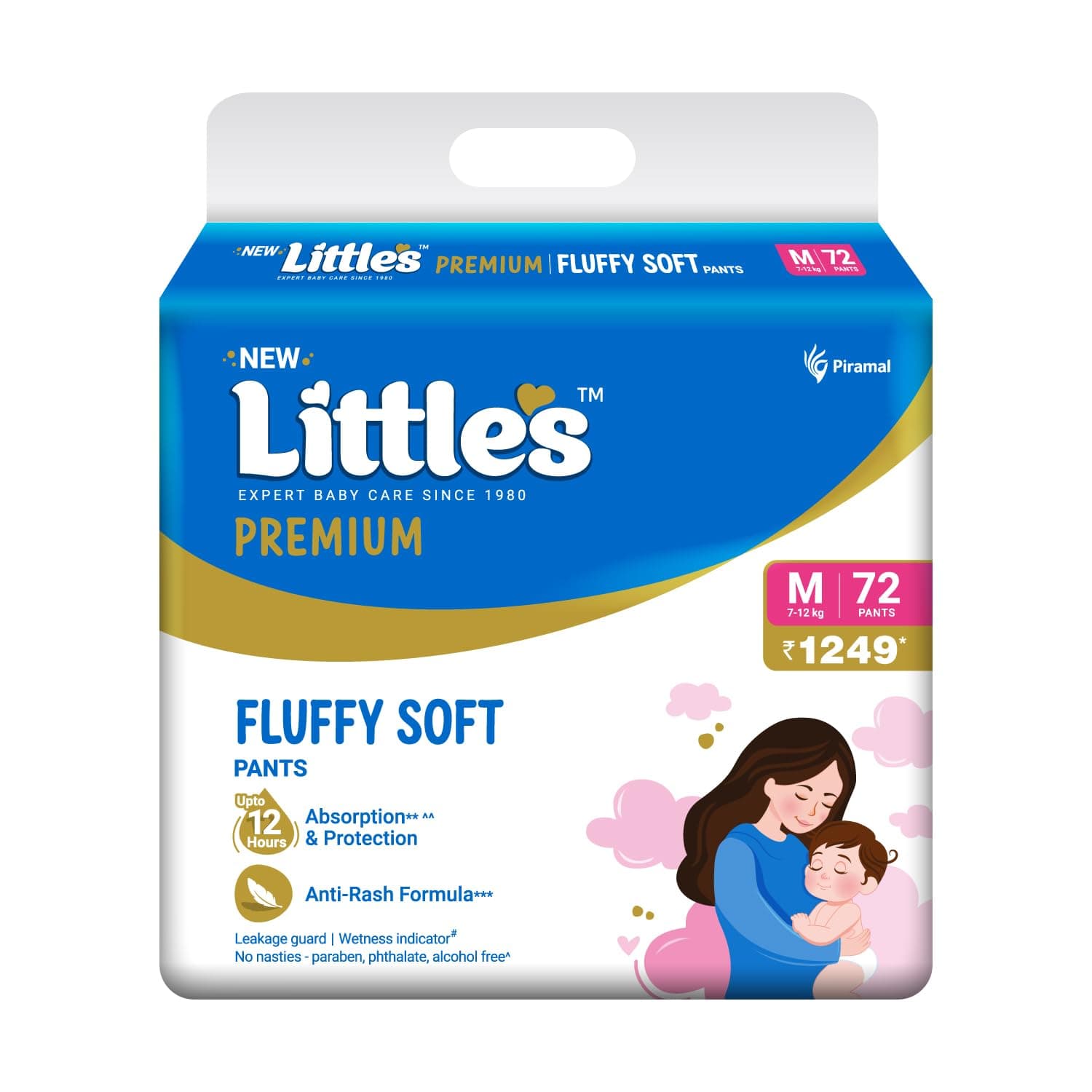 Little's Premium Baby Diapers M Size (Medium) Pants Style | 7-12 kg | 72 Count | Super Jumbo FluffySoft Baby Diaper with Leakage Guard, Wetness Indicator & 12 Hours Absorption