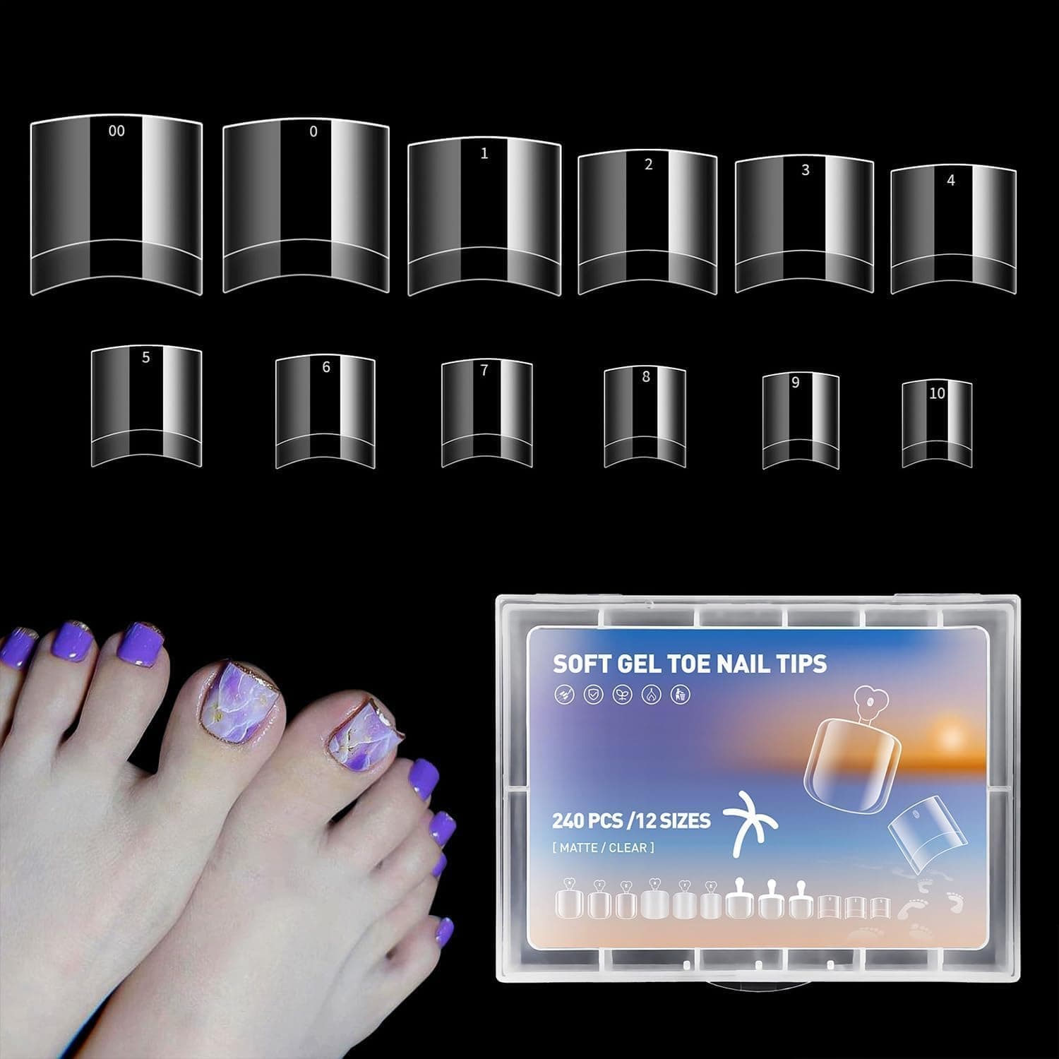 120Pcs Gel X Toe Nail Extension Kit, False Toenails, Toe Nail Tips, 12 Sizes Fake Toe Nails, Acrylic Artificial Clear Nail Tips, Fake Toe Nails, False Toenails for Big Toe, for Salon, Nail-Art DIY