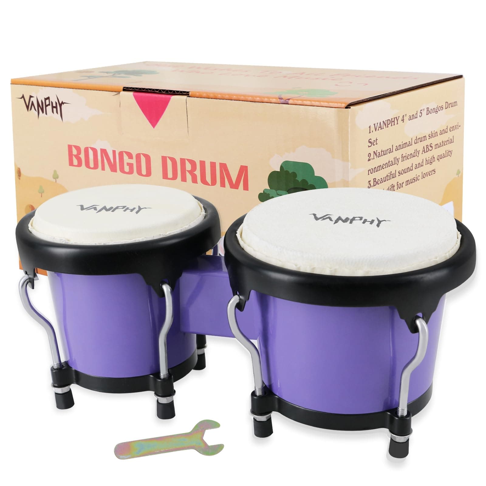 Bongo Drum 4'' and 5'' Set for Kids Adults Beginners Percussion Bongos Drum With Tuning Wrench (Deep Purple)