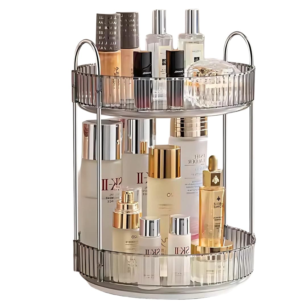 360° Rotating Makeup Organizer Box - Cosmetic Storage with Drawers, Plastic Makeup Holder Stand for Dressing Table, Lipsticks, Nail Polishes & Accessories (Light Gray, 2 Layer)