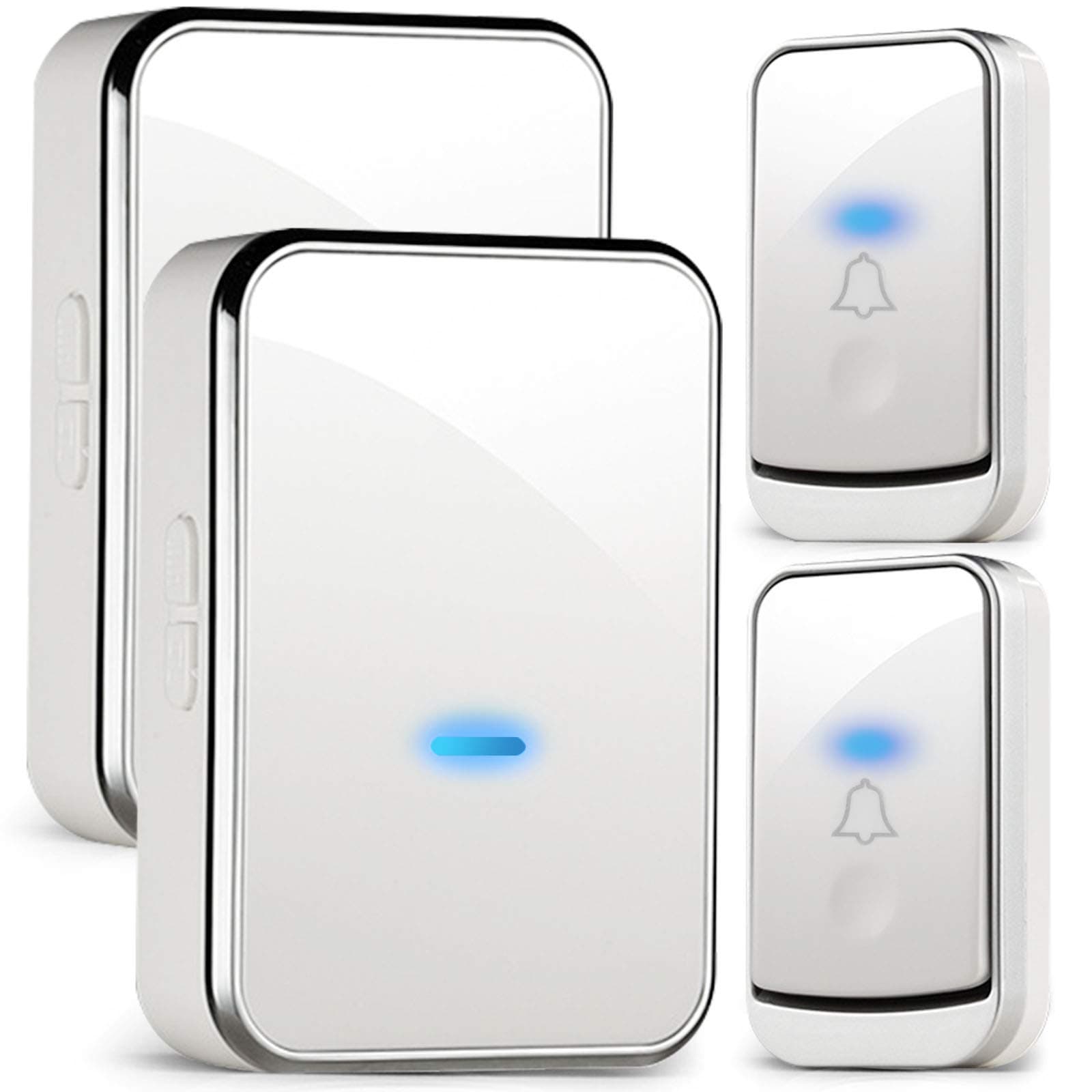 Wireless Doorbell, Cordless Plug-in Door Bell Kit with 2 Receivers & 2 Push Button, IP44 Waterproof Electric Door Bells with 300m Range,45 Chimes, 4-Level Volume(0-110dB) & Blue Light, White