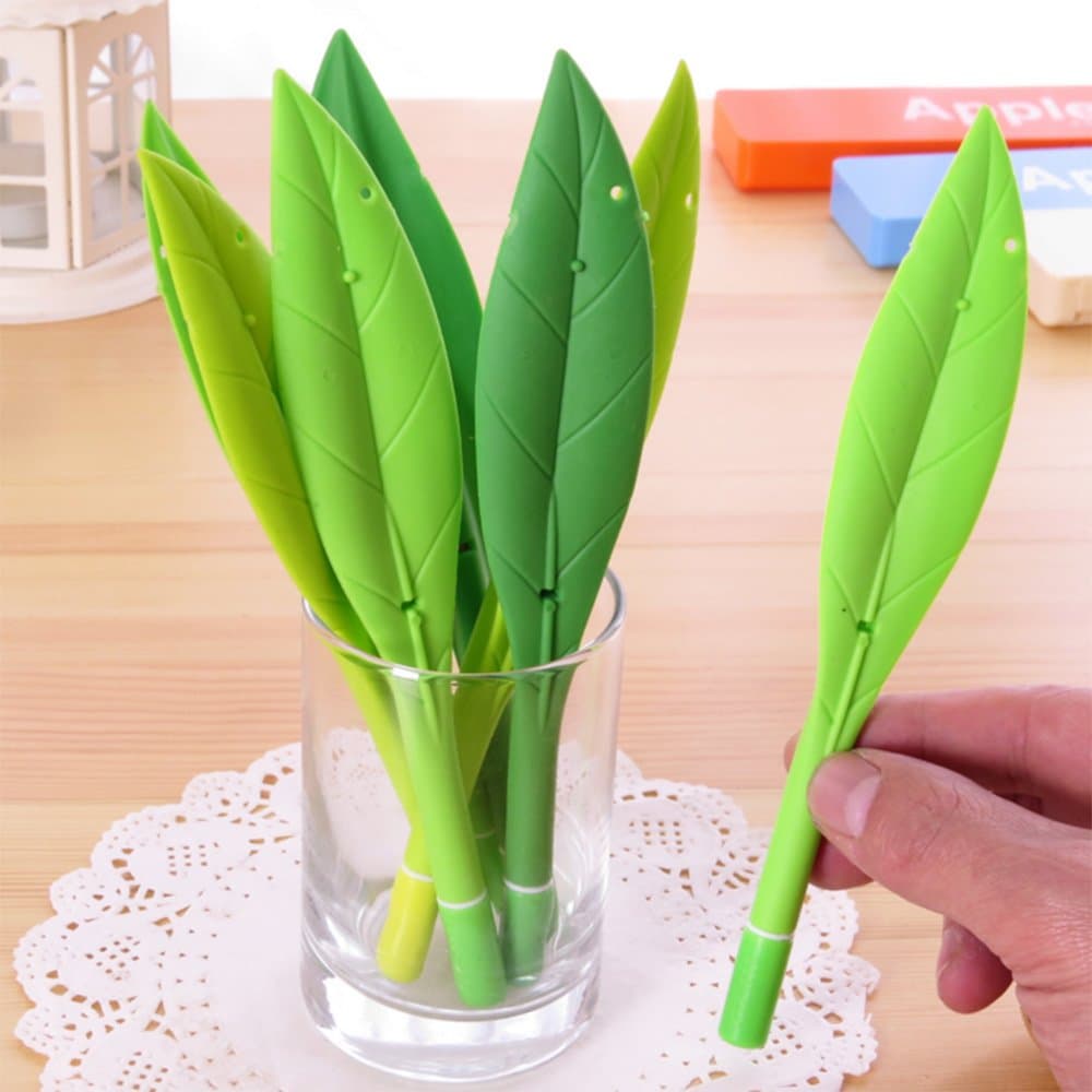 Poo-leaf Forest Green Grass-blade Ballpoint Silicon Grass Pen Leaf Gel Pen Black Ink Pack of 12