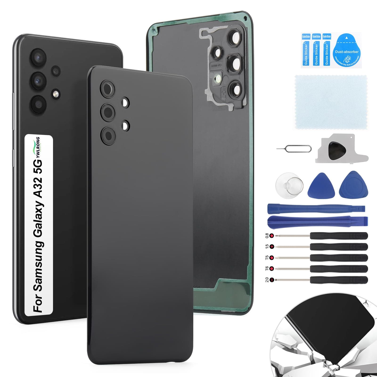 Cover for Samsung Galaxy A32 5G Back Cover Replacement for Samsung A32 5G A326U A326B Black Glass Replacement A32 5G Battery Cover Housing Door Accessories Parts(Black)