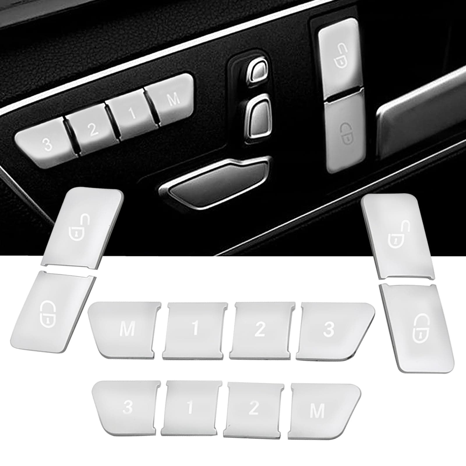 12pcs Car Seat Memory Door Lock Unlock Button Sticker, Adjust Switch Button Trim Cover, Replacement for Benz C Class E Class CLA GLA CLE (Silver)