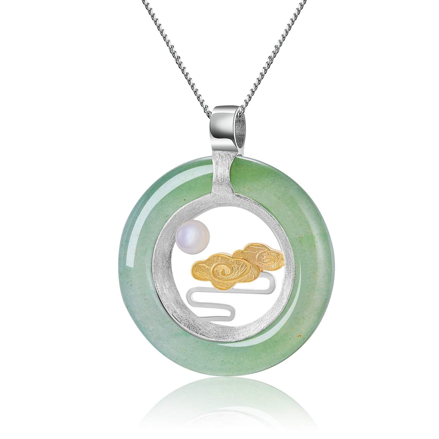 Lotus FunS925 Sterling Silver Pendant Classic Oriental Element Peace Clouds/Classic Oriental Flower Vase Pendant for Women and Girls, Natural Aventurine, Creative Handmade Unique Jewellery