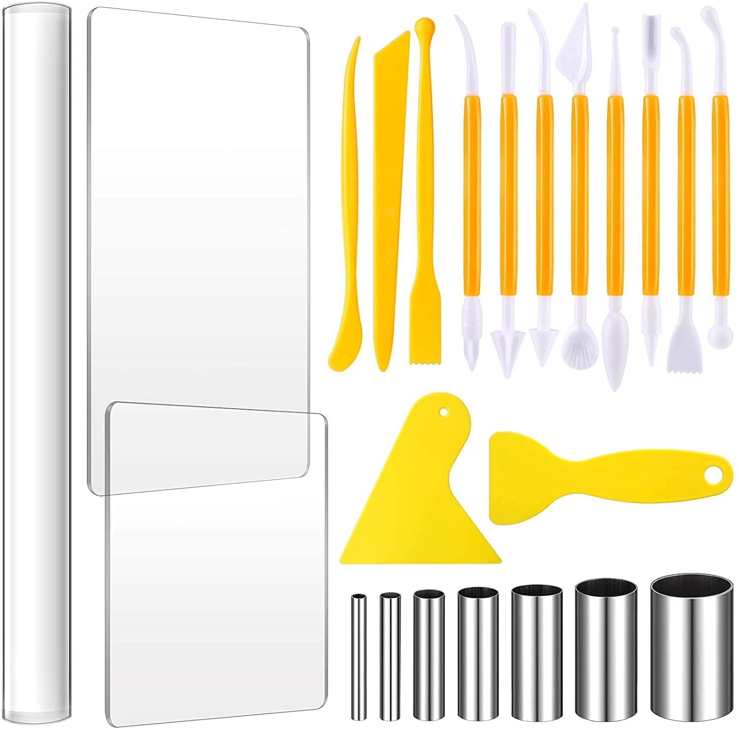 KASTWAVE 23 Pieces Clay DIY Tool Set, Acrylic Clay Roller, Acrylic Sheet, Plastic Scraper Backing Board, Stainless Steel Round Circle Shape Cutter, Plastic Polymer Clay Shaping Tool for DIY Craft