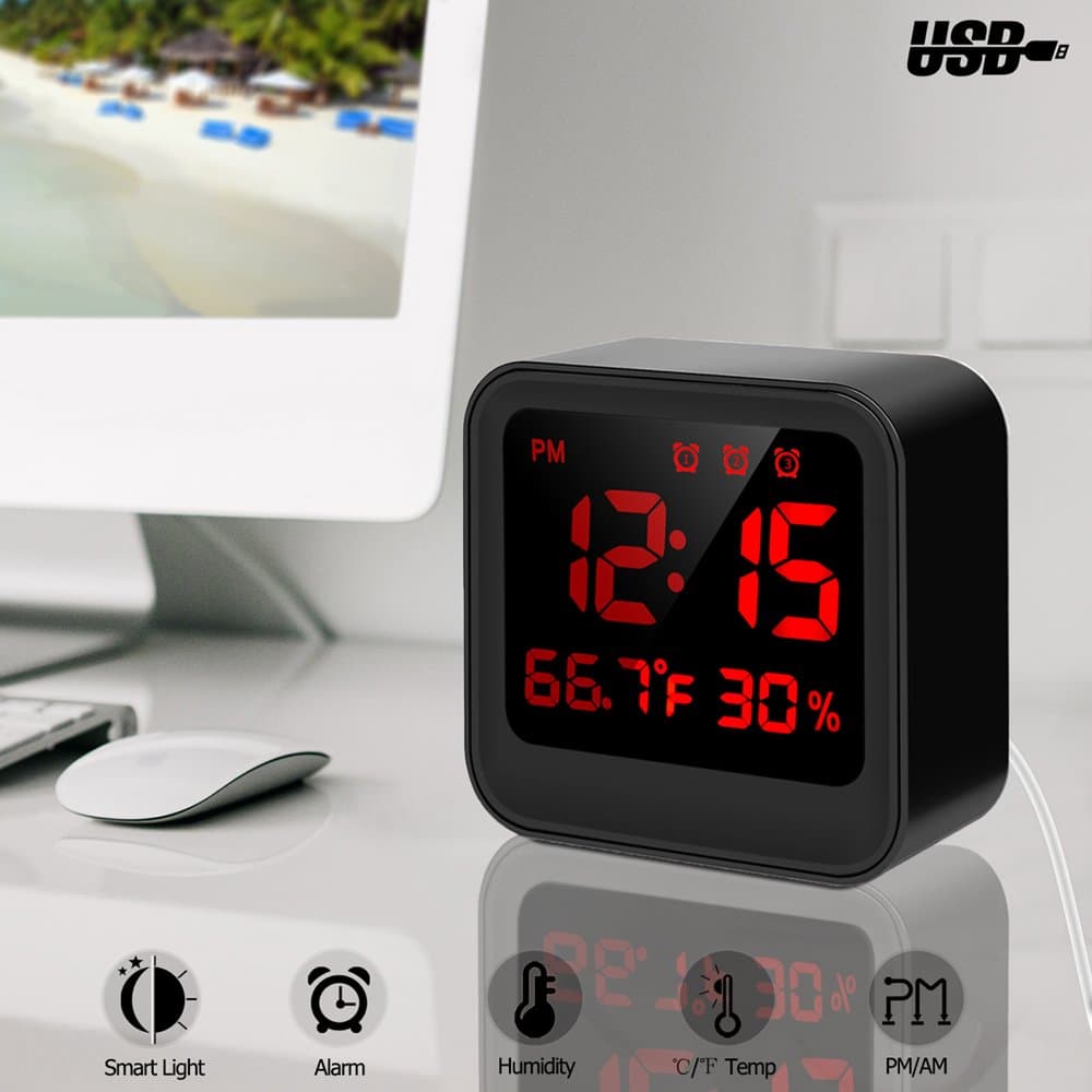 lEPECQ LED Alarm Clock, Bedside Alarm Clock with USB Cable, Brightness Adjusted by Time, Temperature Humidity Small Desk Clock, Mini Led Clock for Living Room Kids and Office (Battery NOT Include)