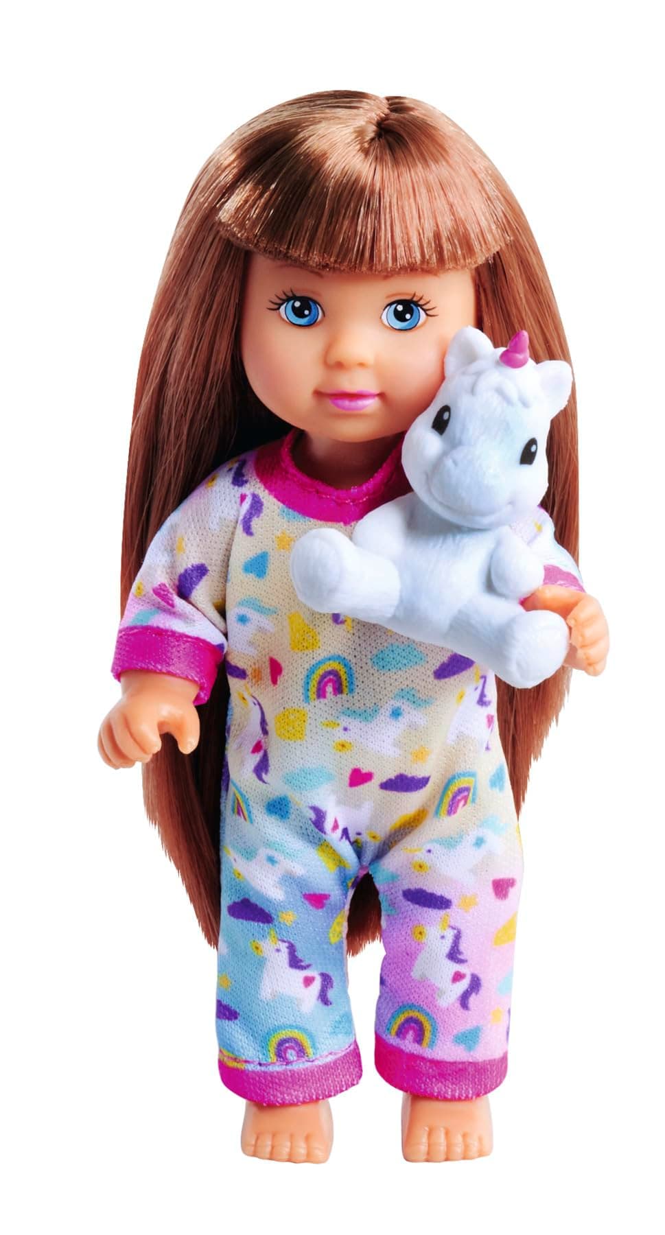 Evi Love Pyjamas, 3 Assorted Designs, Only One Item Delivered, Doll in a Cute Pyjamas with Unicorn Cuddly Toy, 12 cm Toy Doll, from 3 Years